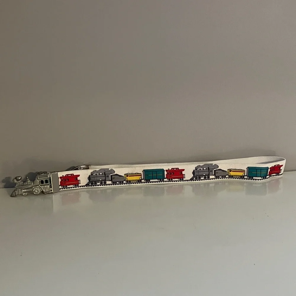 White Train Themed Belt with Silver Buckle 20” and with elastic stretch